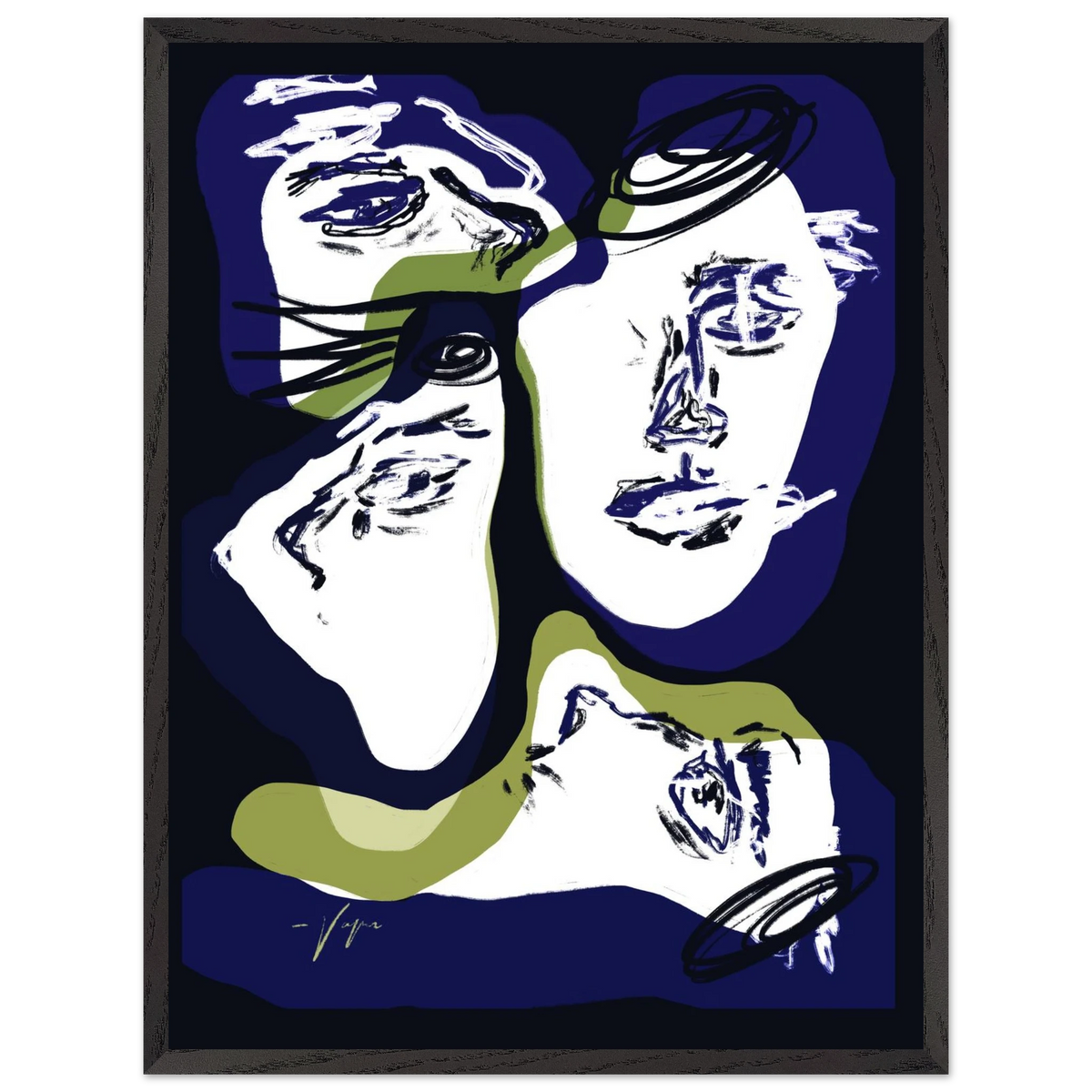 Framed wall art print with dark wood-tone border, abstract face illustration in blue and green.