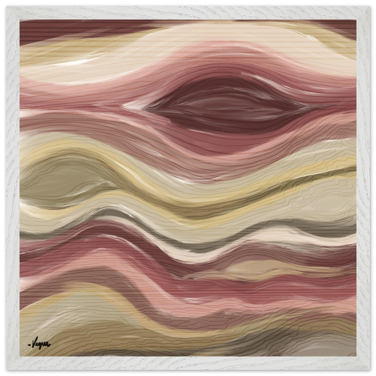 Abstract wall art with flowing wavy rose, cream, and gray tones, in a white frame