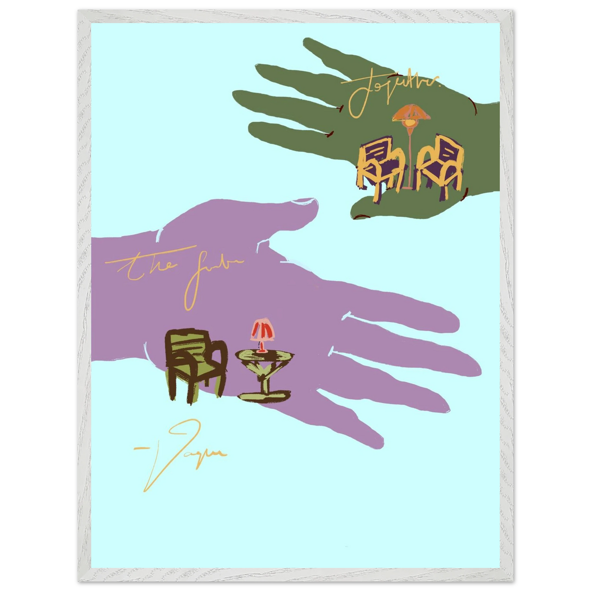Palmistry wall art with illustrated hands, chair and candle, in light gray frame