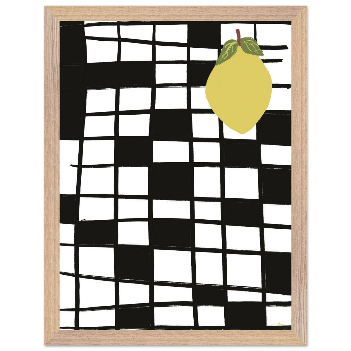 Wood-framed art print with yellow lemon on black-and-white grid pattern