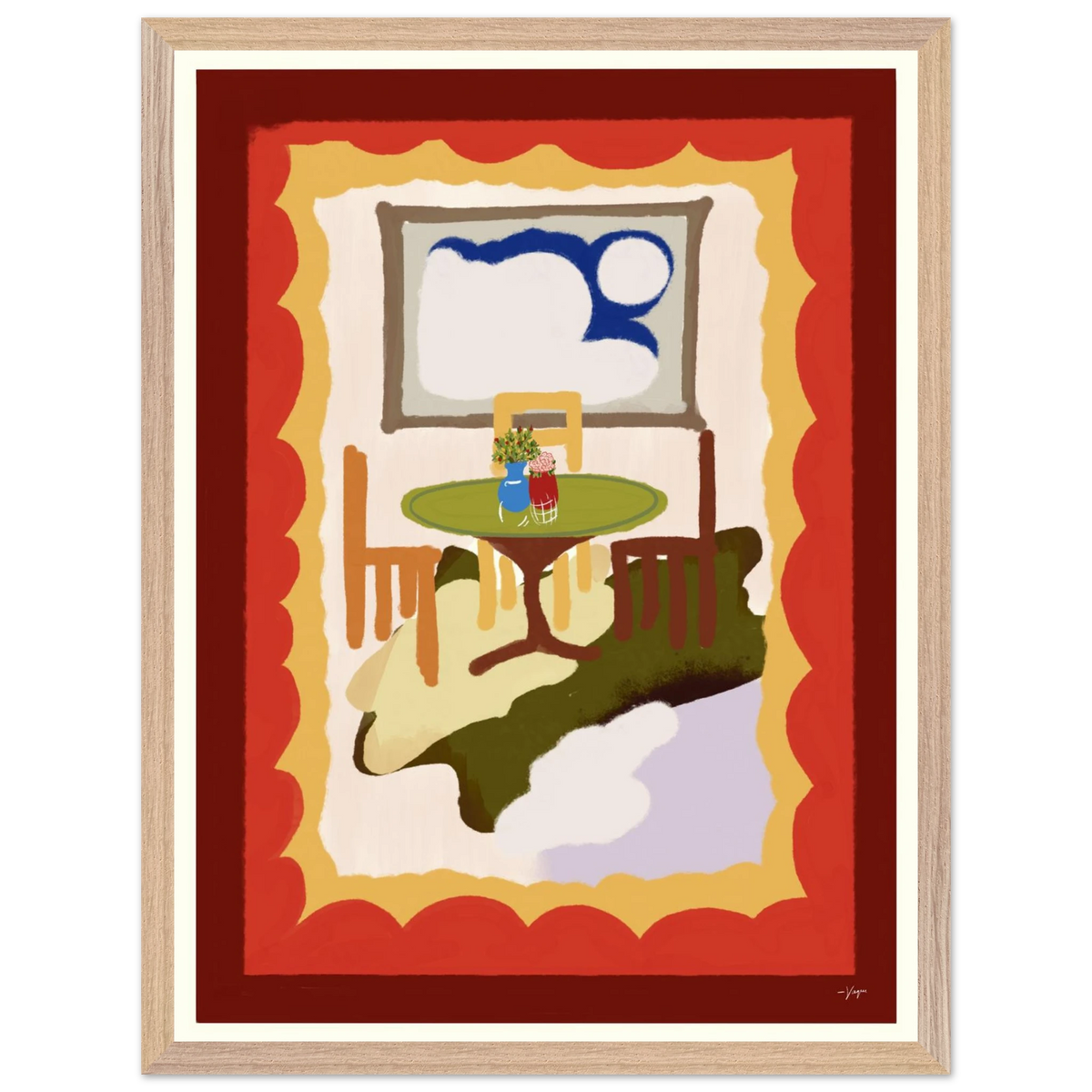 Framed wall art with wood frame, red backdrop, green round table and chair