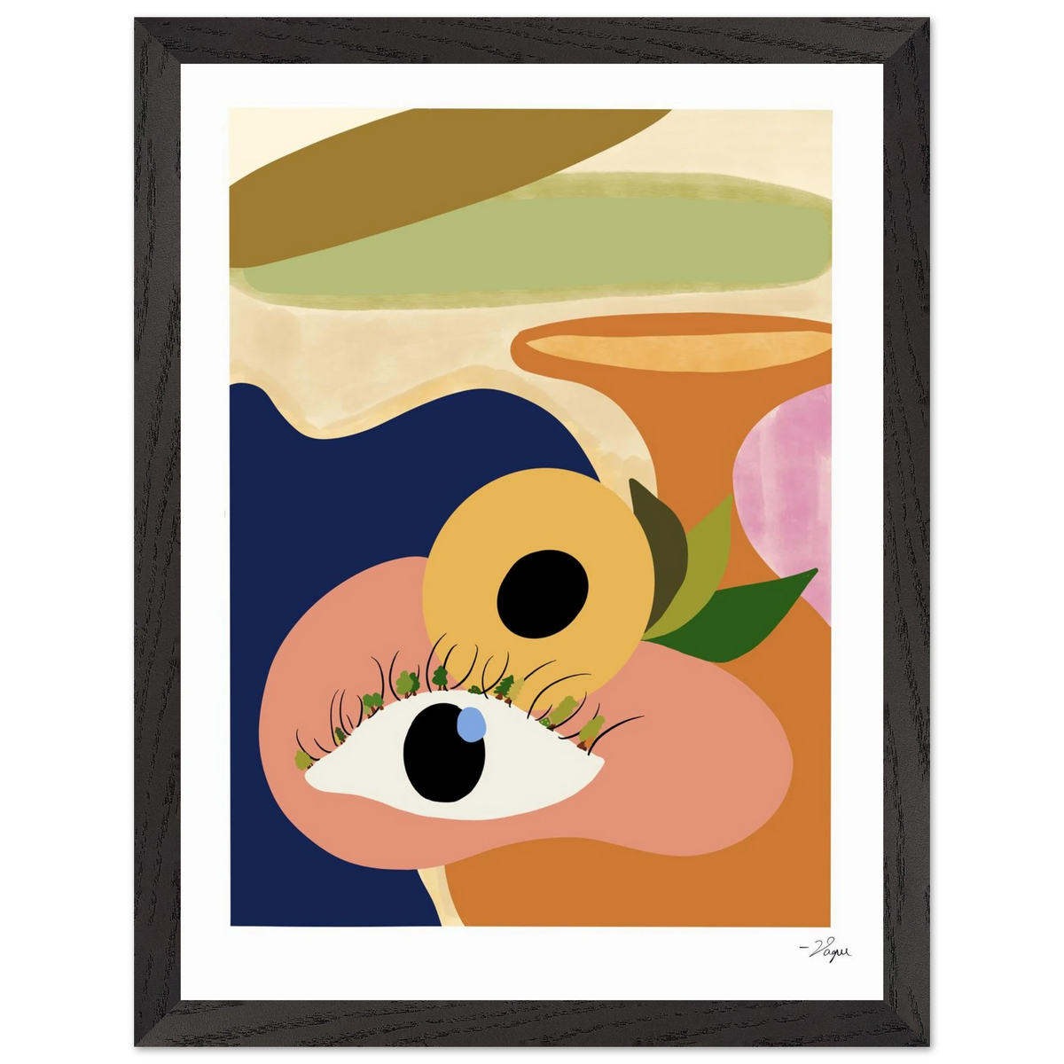 Framed wall art print with abstract eye portrait; dark gray/black frame
