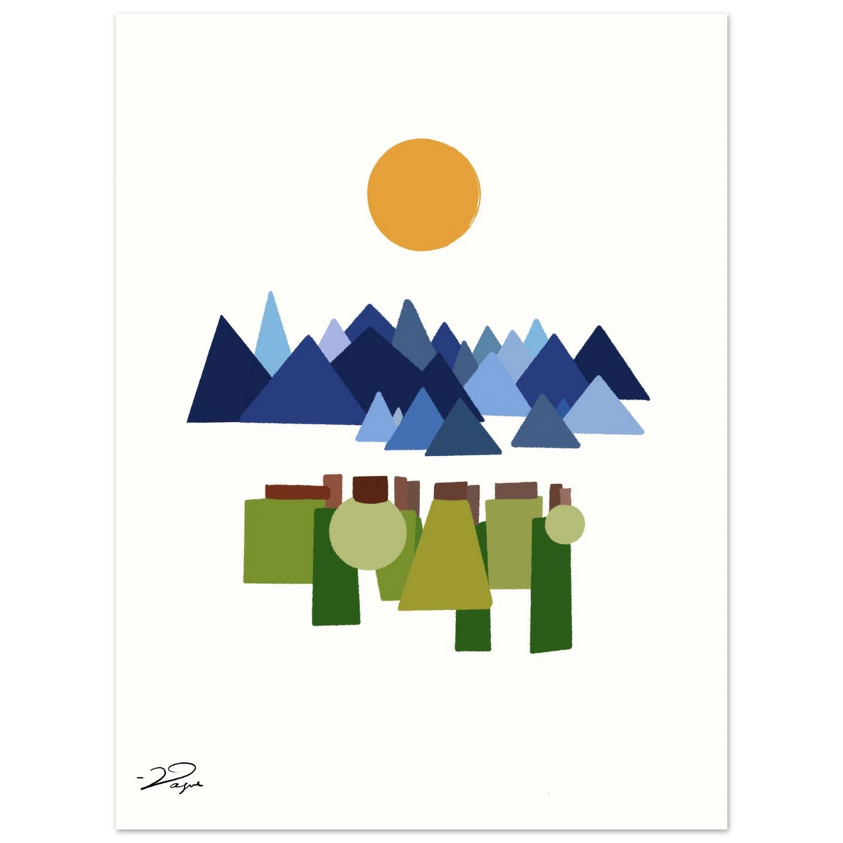 Corrupt Vol. 2 art print with an orange sun, blue mountains and green trees, unframed
