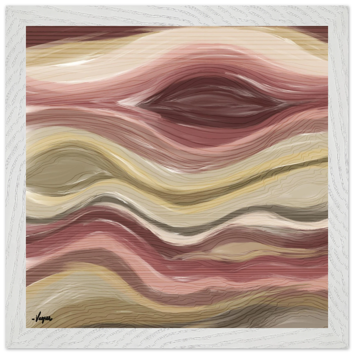 Abstract wall art in wavy rose, cream, and gray tones, set in a white frame