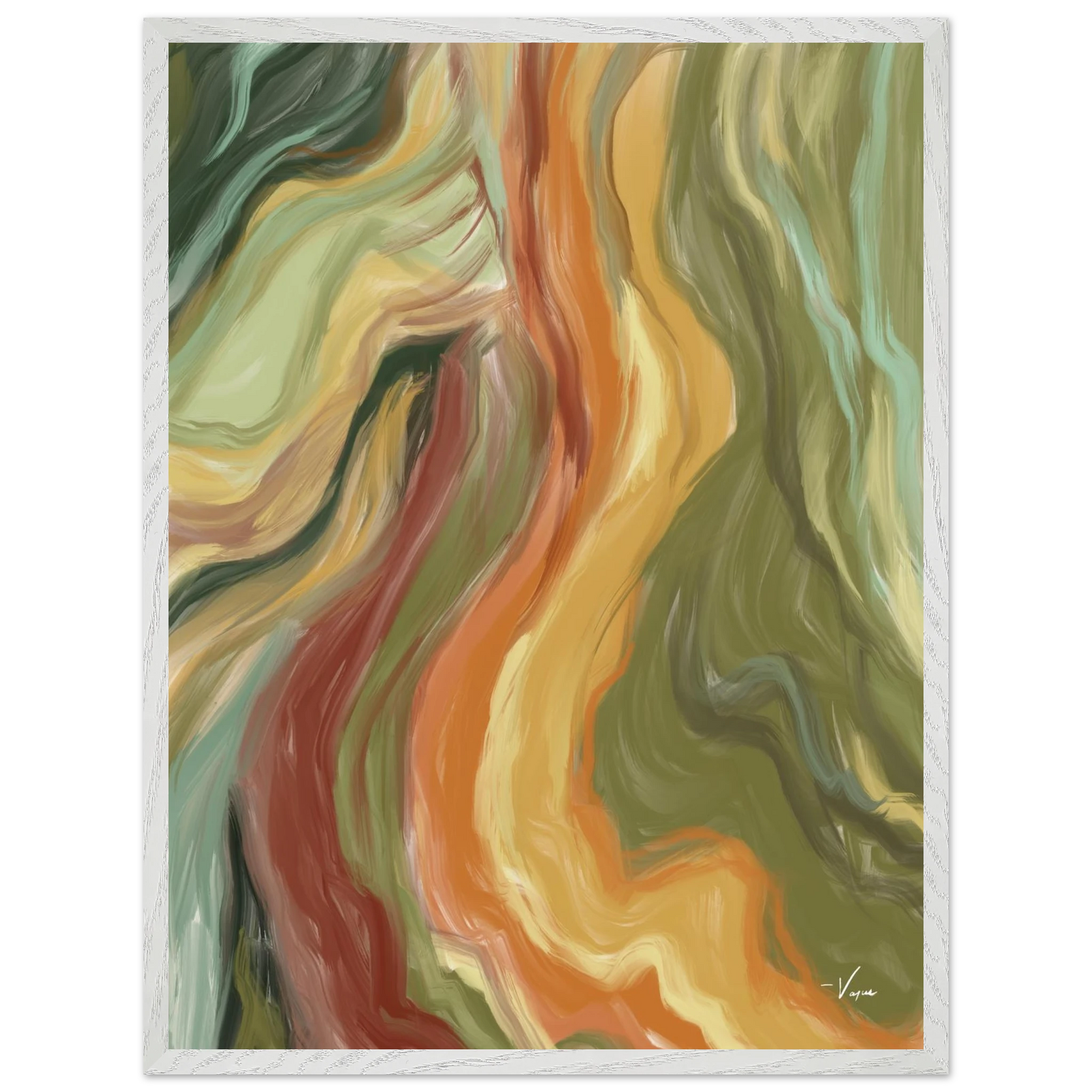White framed abstract wall art with flowing multicolor ribbon-like curves in green and orange