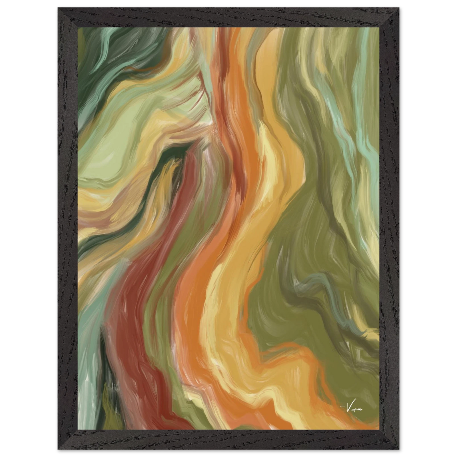 Black framed abstract wall art with multicolor flowing curves in green, orange, and red