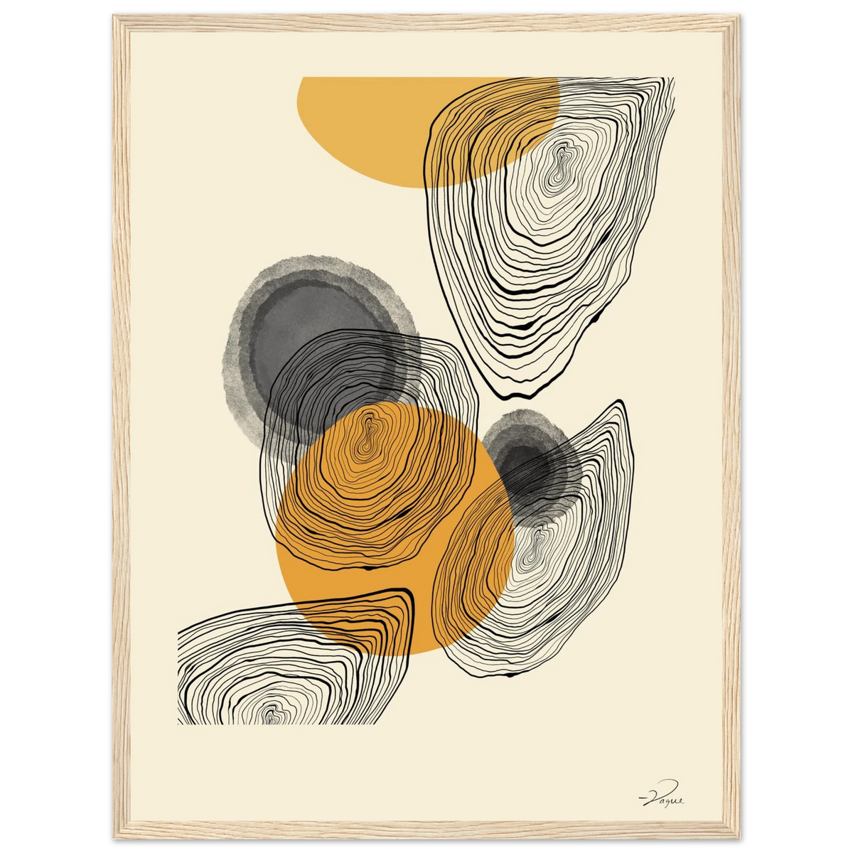 Fingerprint abstract print with orange and gray circles and black contour lines, in a light wood frame