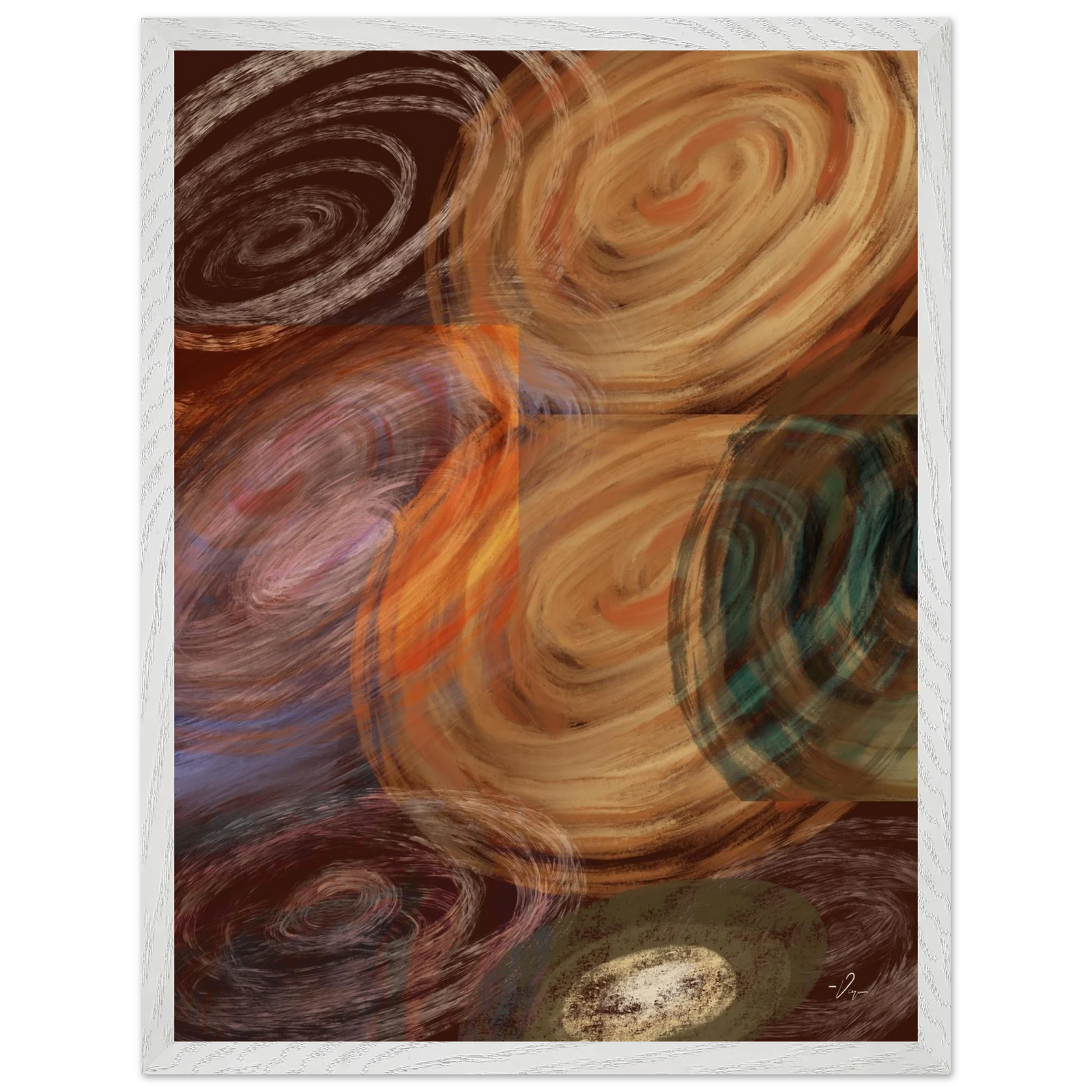 White-framed abstract wall art with layered swirls in tan, brown, orange, and blue