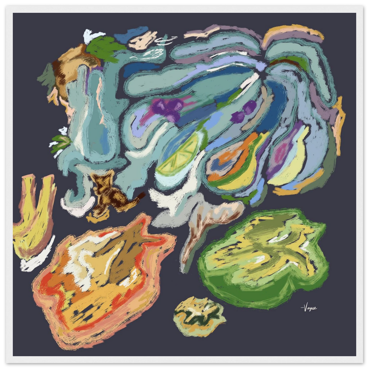 Abstract wall art with colorful paint strokes in a dark frame