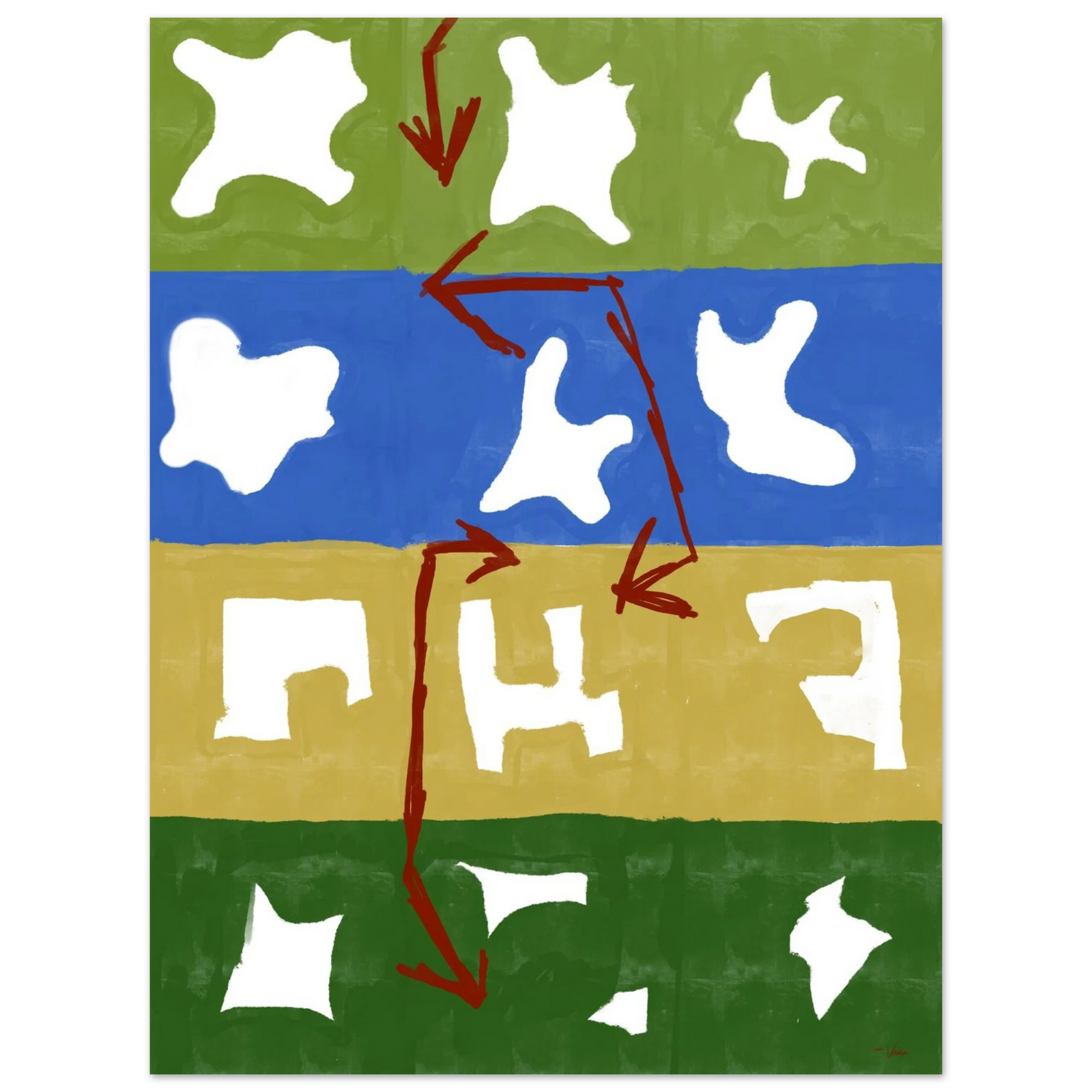 Framed abstract wall art with green border; green-blue-yellow layout, white shapes, red arrows