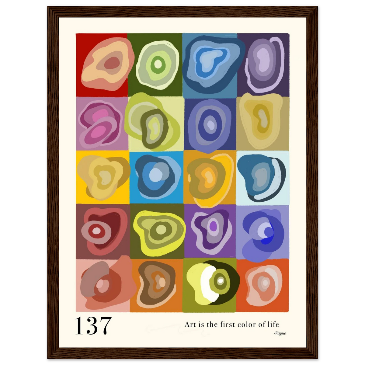 Abstract art print 137 with 20 colorful geometric shapes in a dark wood frame