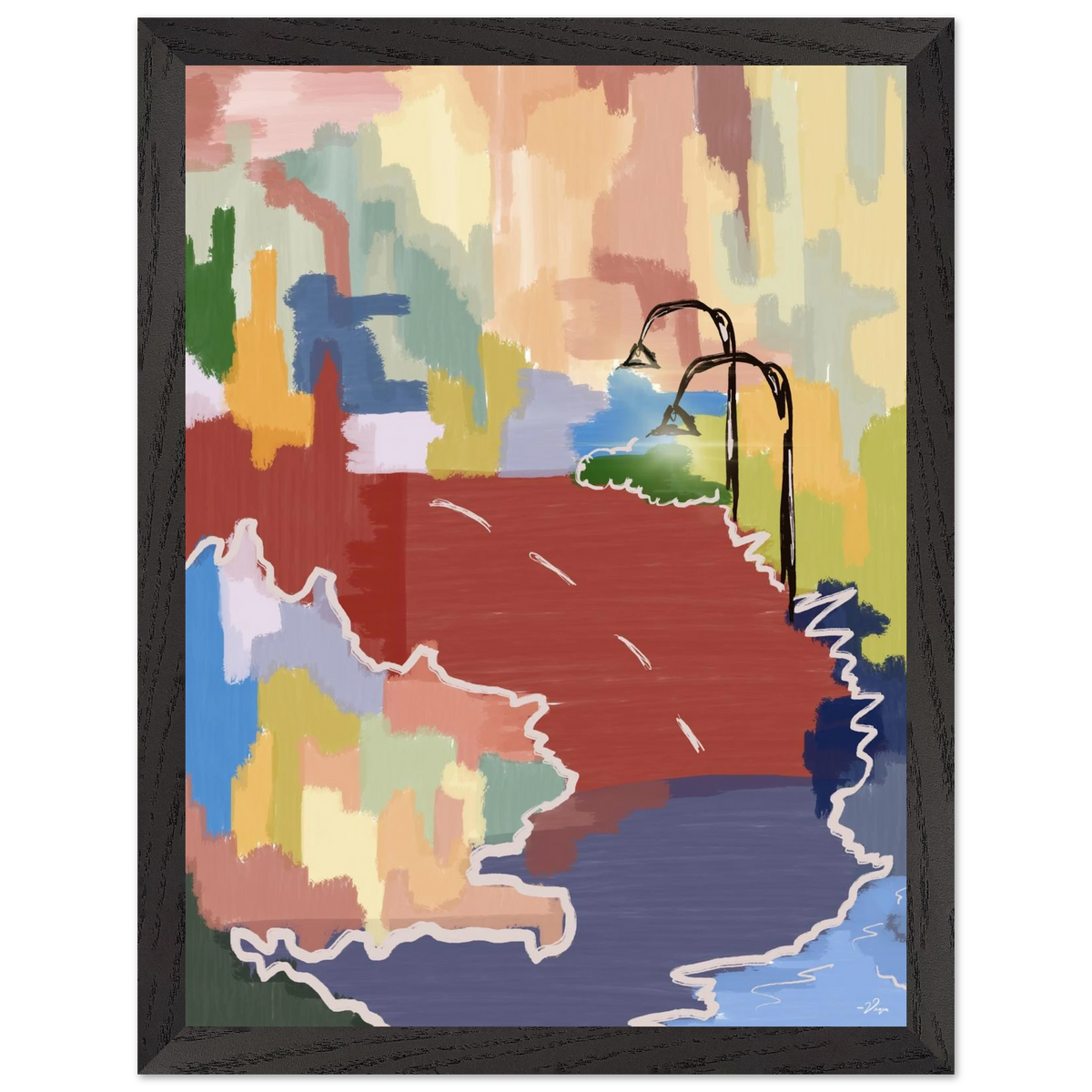 Framed abstract map-style wall art with multicolor coastlines, black frame