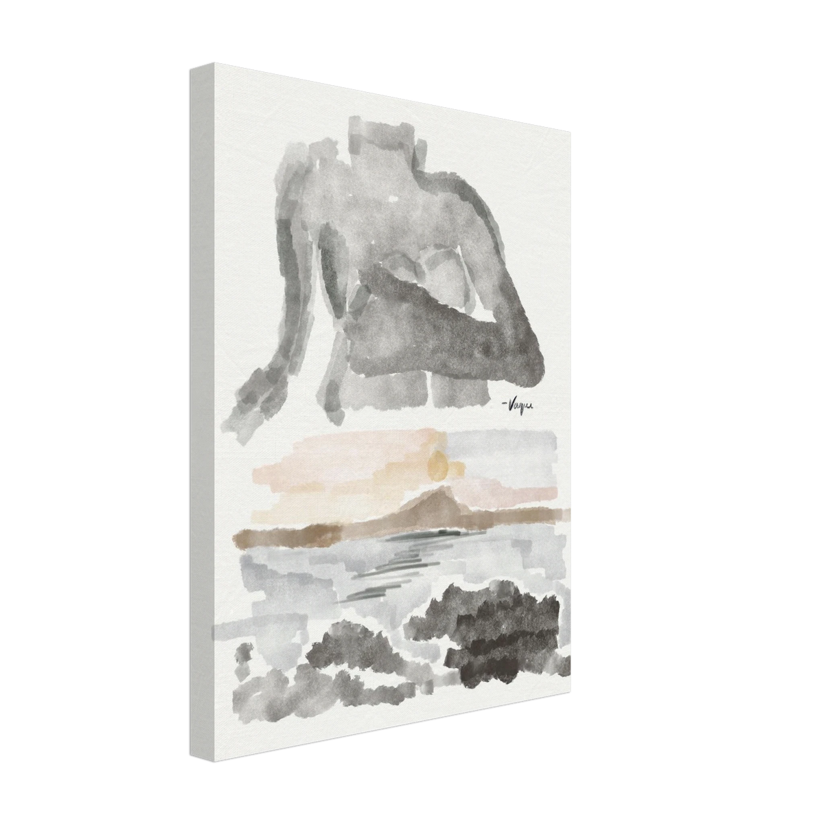 Abstract watercolor wall art on white canvas, no frame, gray figure with tan and muted grays