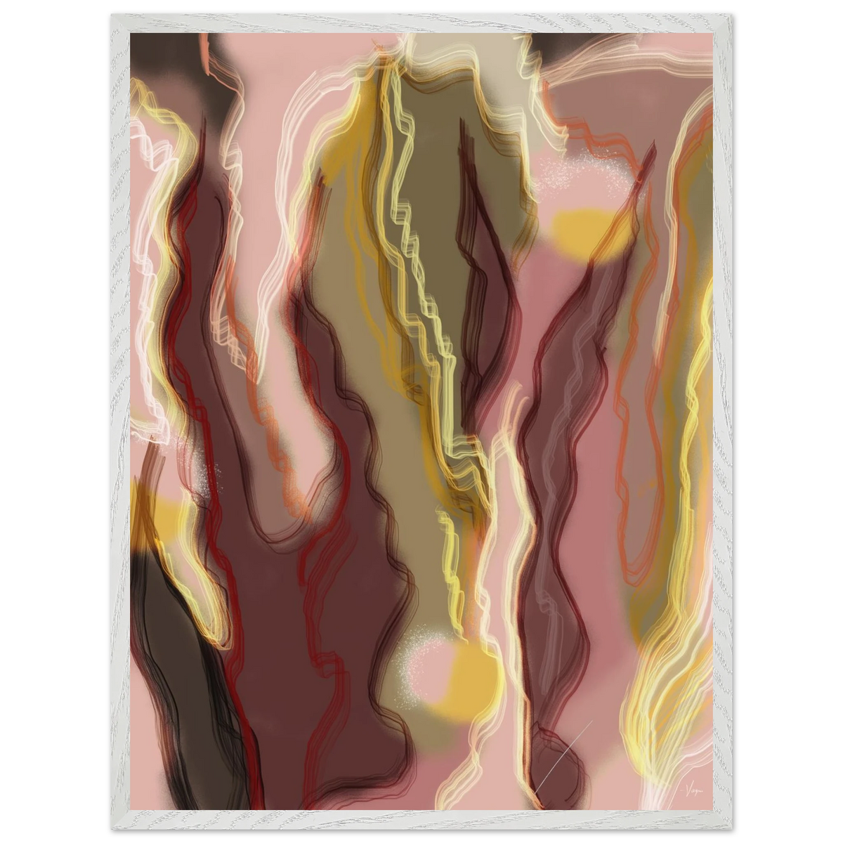 Gray framed abstract wall art print with flowing yellow, red, and cream lines