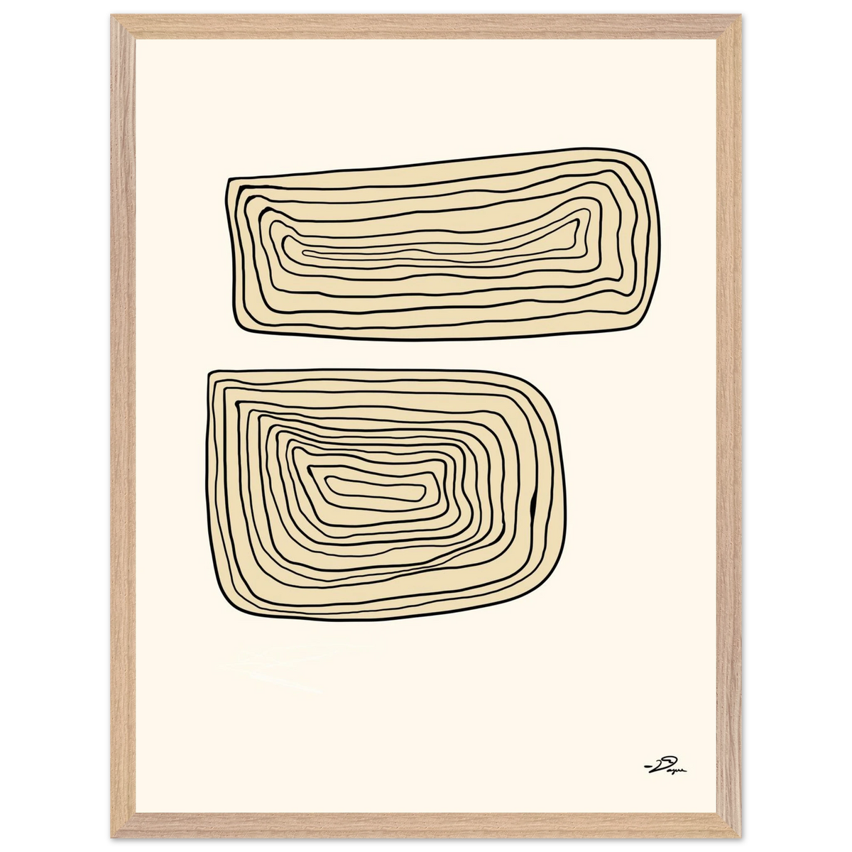 Wood-framed wall art with two stacked outline shapes in beige linework