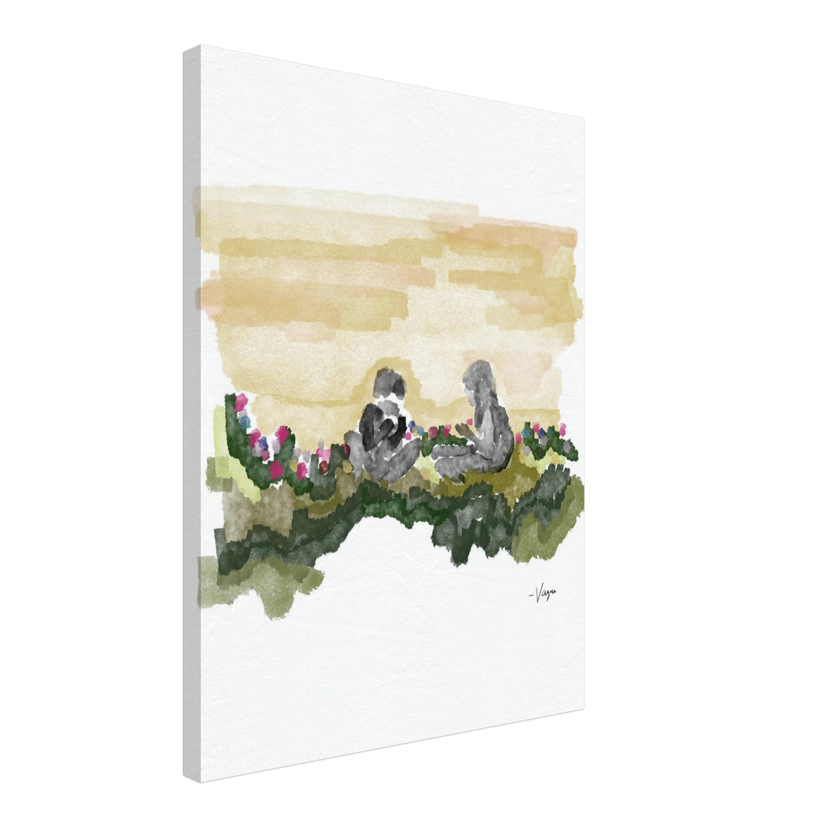 Unframed vertical print with watercolor figures seated among green hills and pink flowers