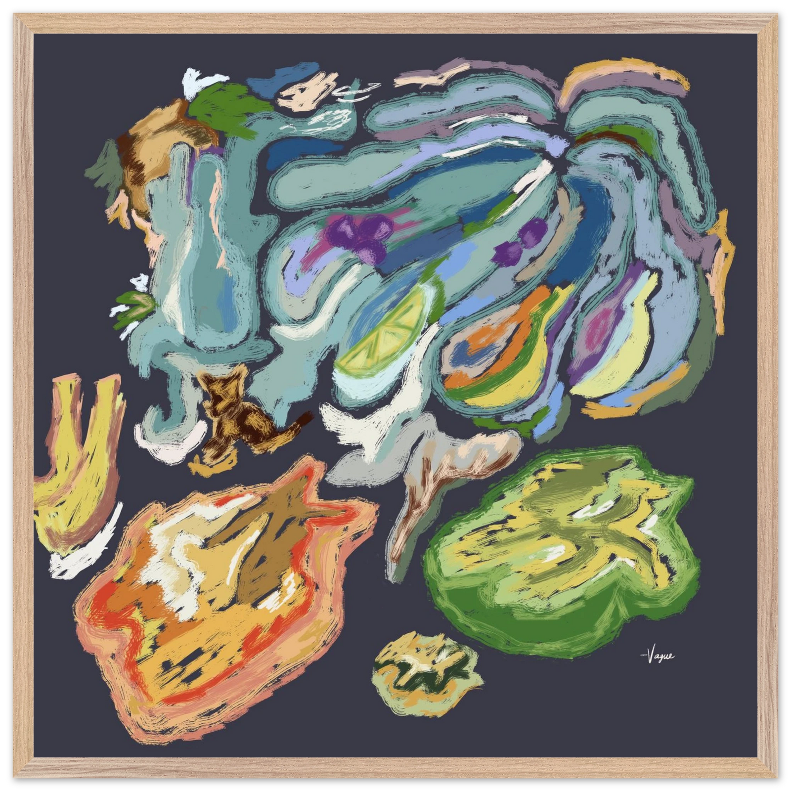 Wood-framed abstract wall art with bright teal, green, orange, and purple strokes