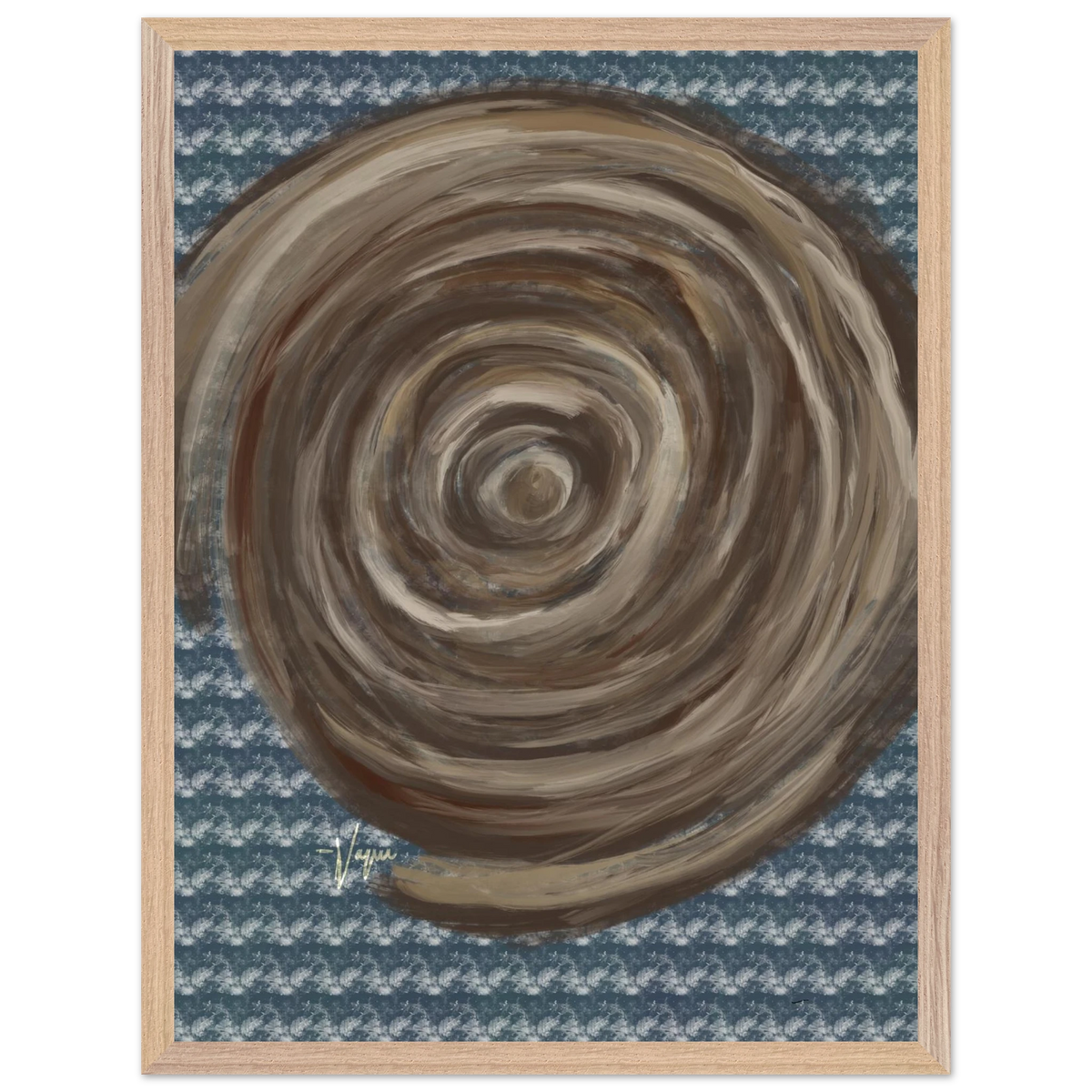 Matte paper poster with abstract swirl, wood frame, on blue speckled artwork