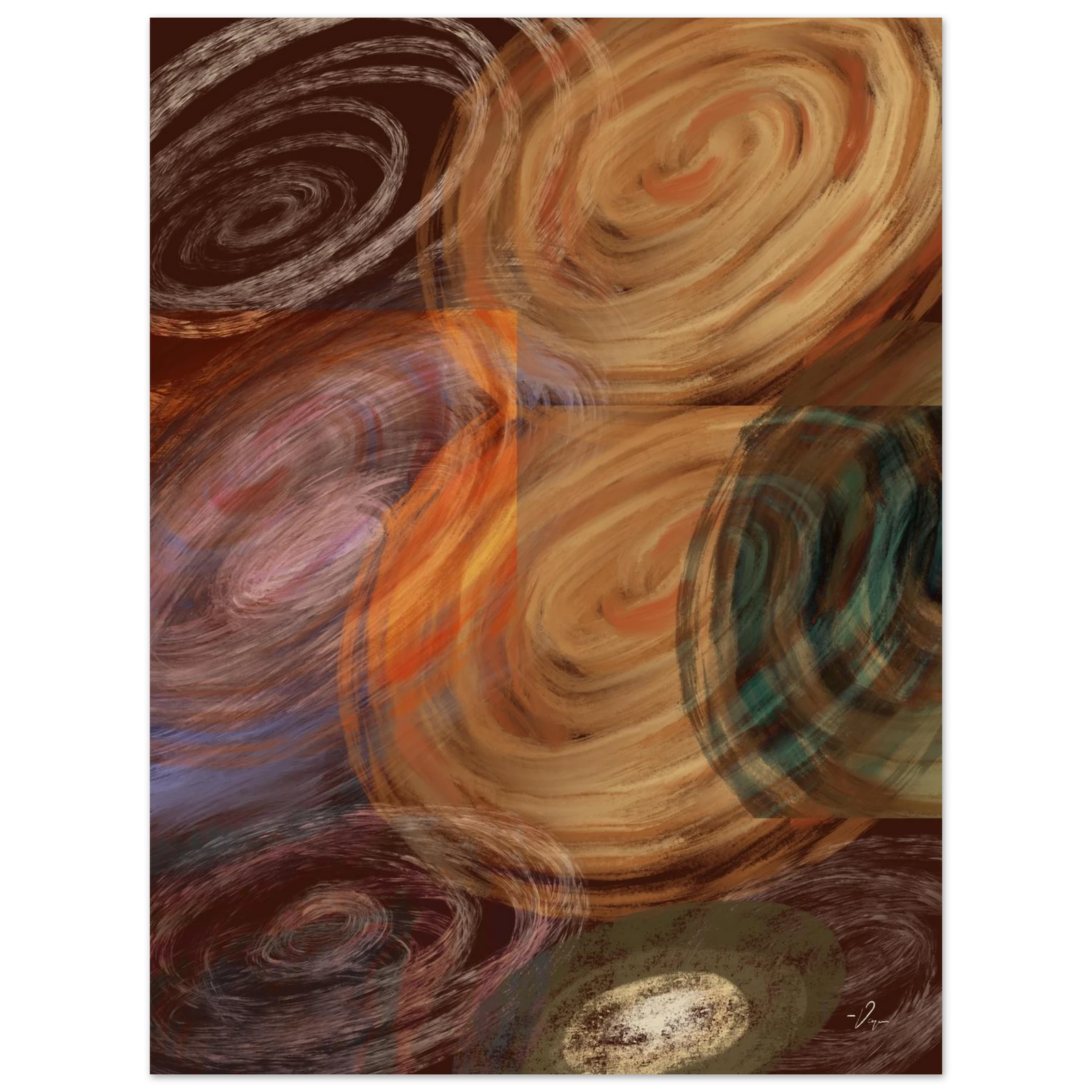 Black-framed abstract wall art with swirling tan, brown, orange, and teal strokes