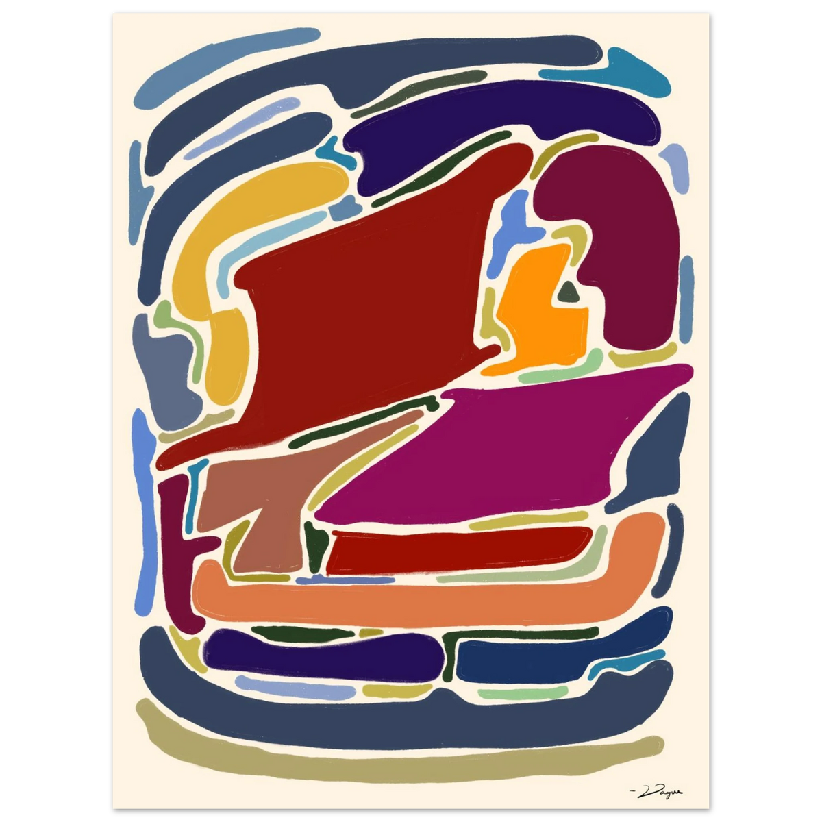 Framed abstract art print with colorful geometric shapes, thin white frame