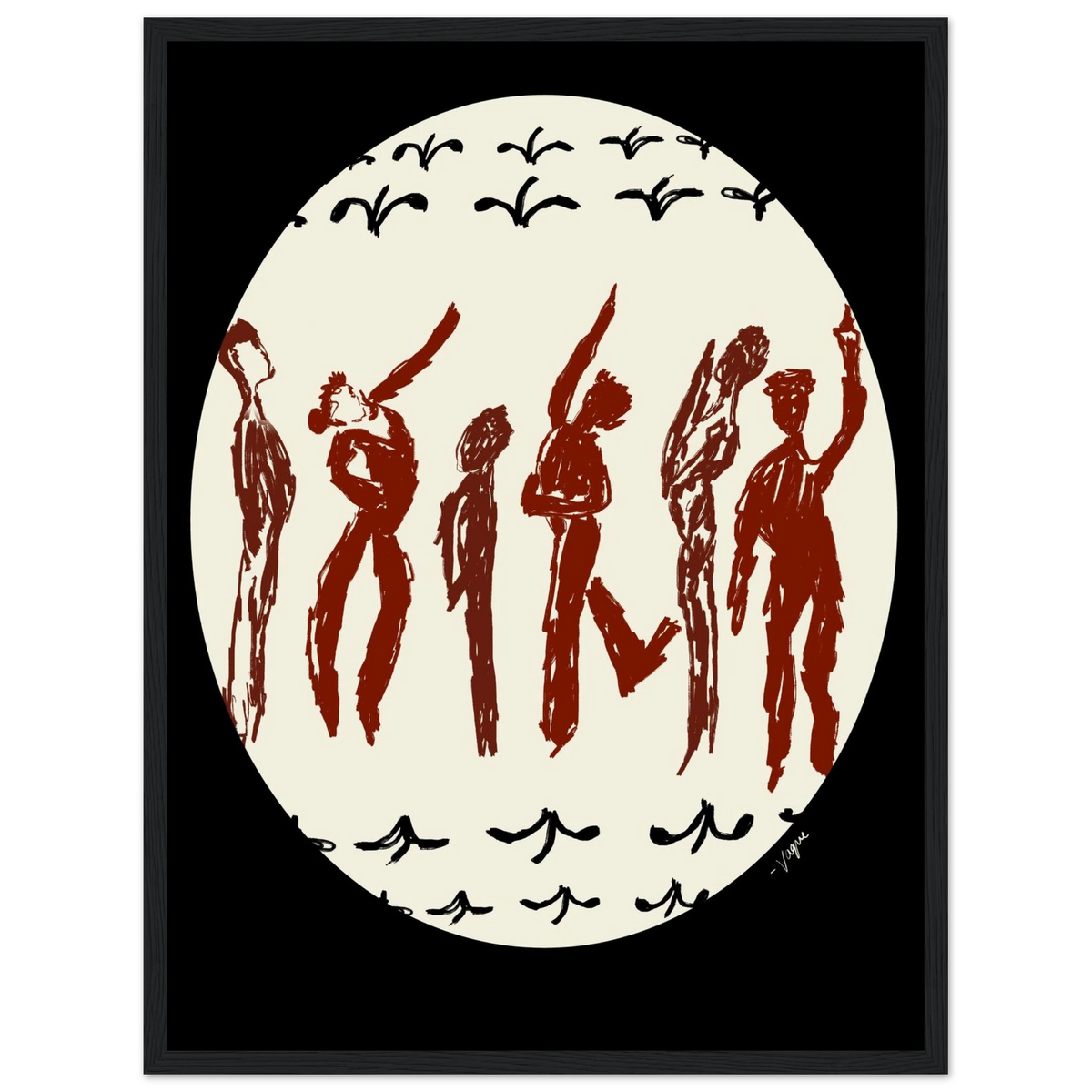 Dance or Pray? art print in a black frame, showing figures dancing in an oval