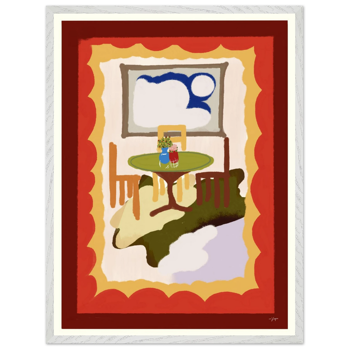 Framed wall art with light gray frame, red backdrop, green round table and chair