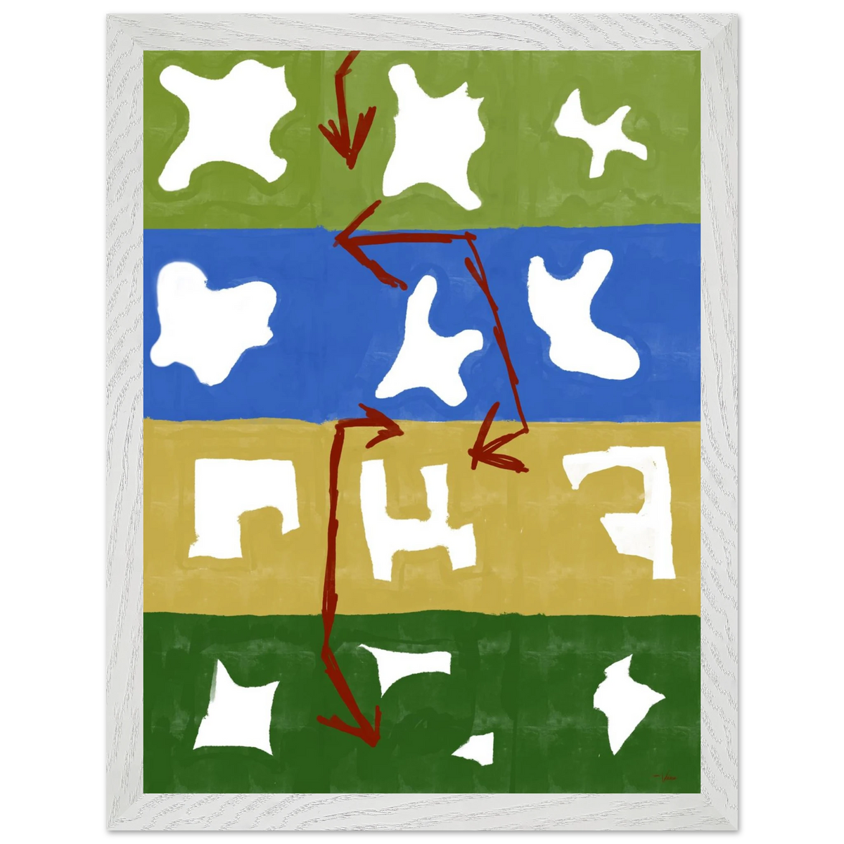 Framed abstract wall art with white frame; green, blue, yellow blocks; white shapes; red arrows