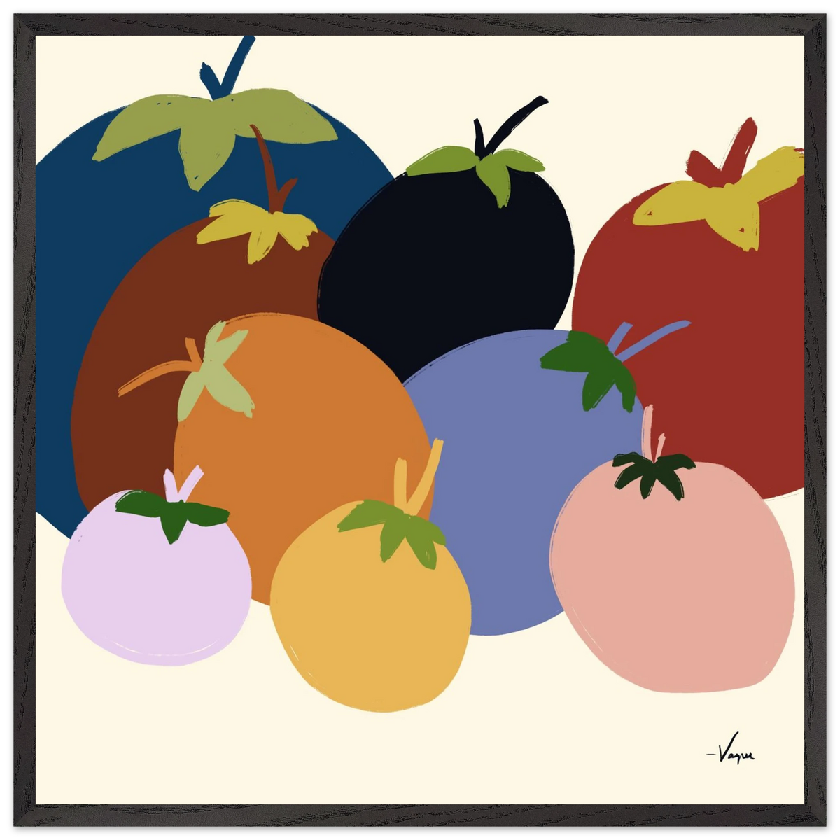Framed abstract fruit illustration print in a black frame with colorful oranges, lemons, blueberries
