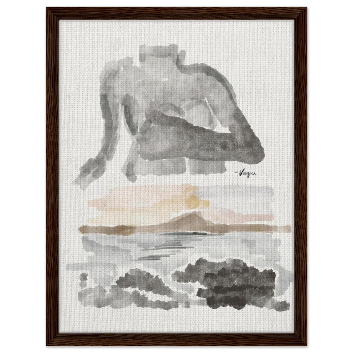 Abstract watercolor wall art in dark wood frame, gray silhouette with tan center highlight