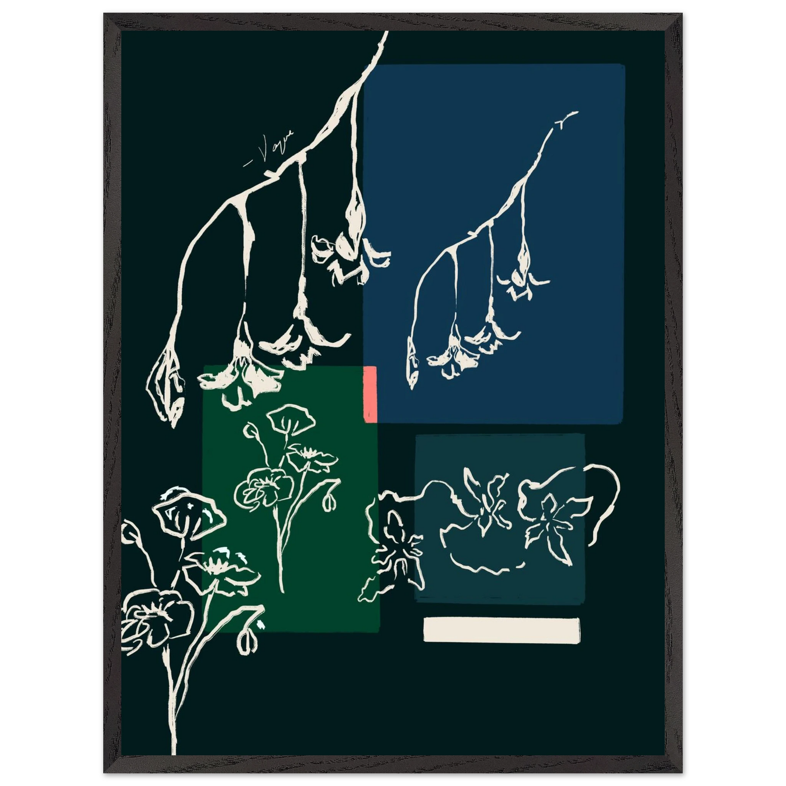 Framed wall art with dark gray frame and white botanical line art on dark green