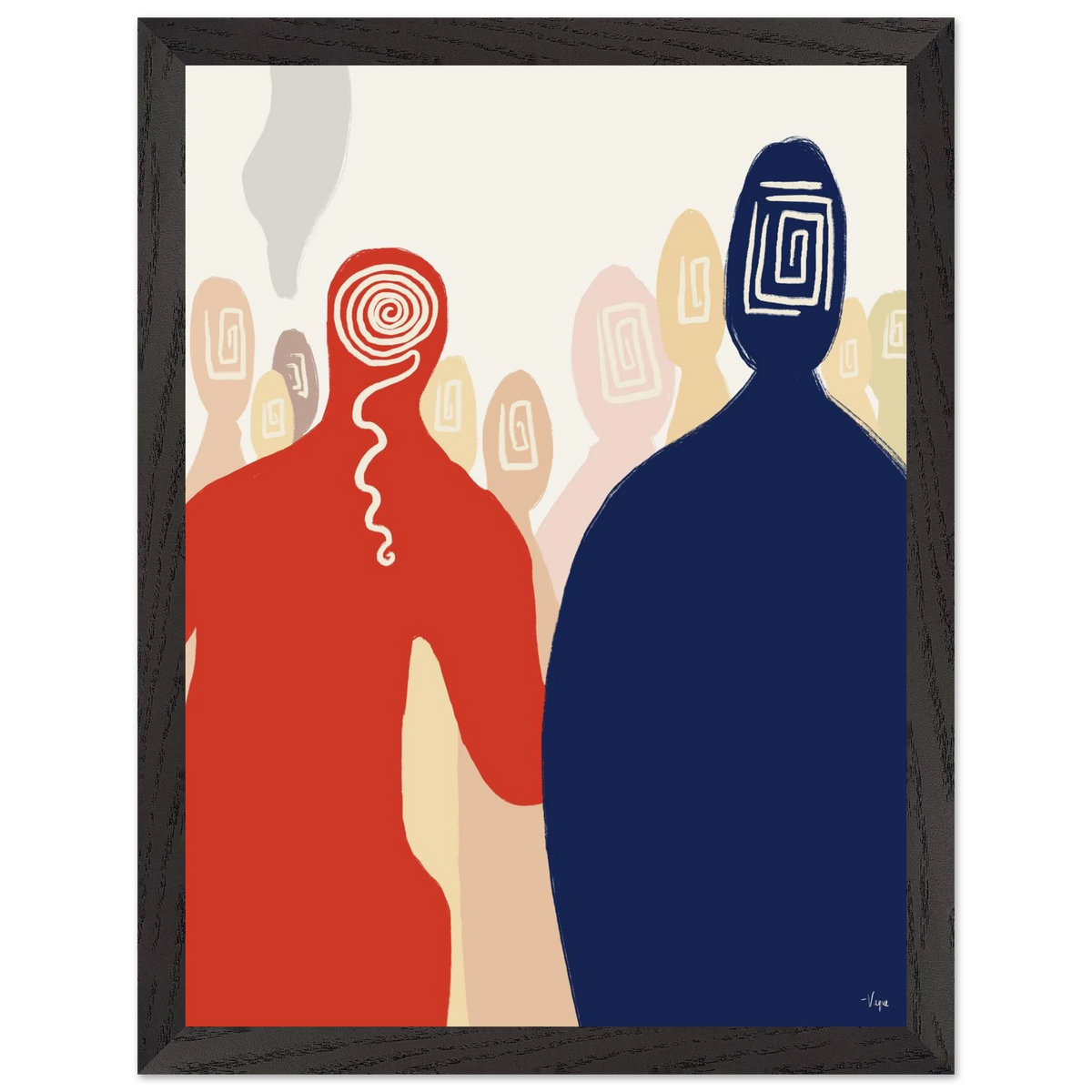 Framed wall art print with two stylized figures, red left and navy right, dark charcoal frame.
