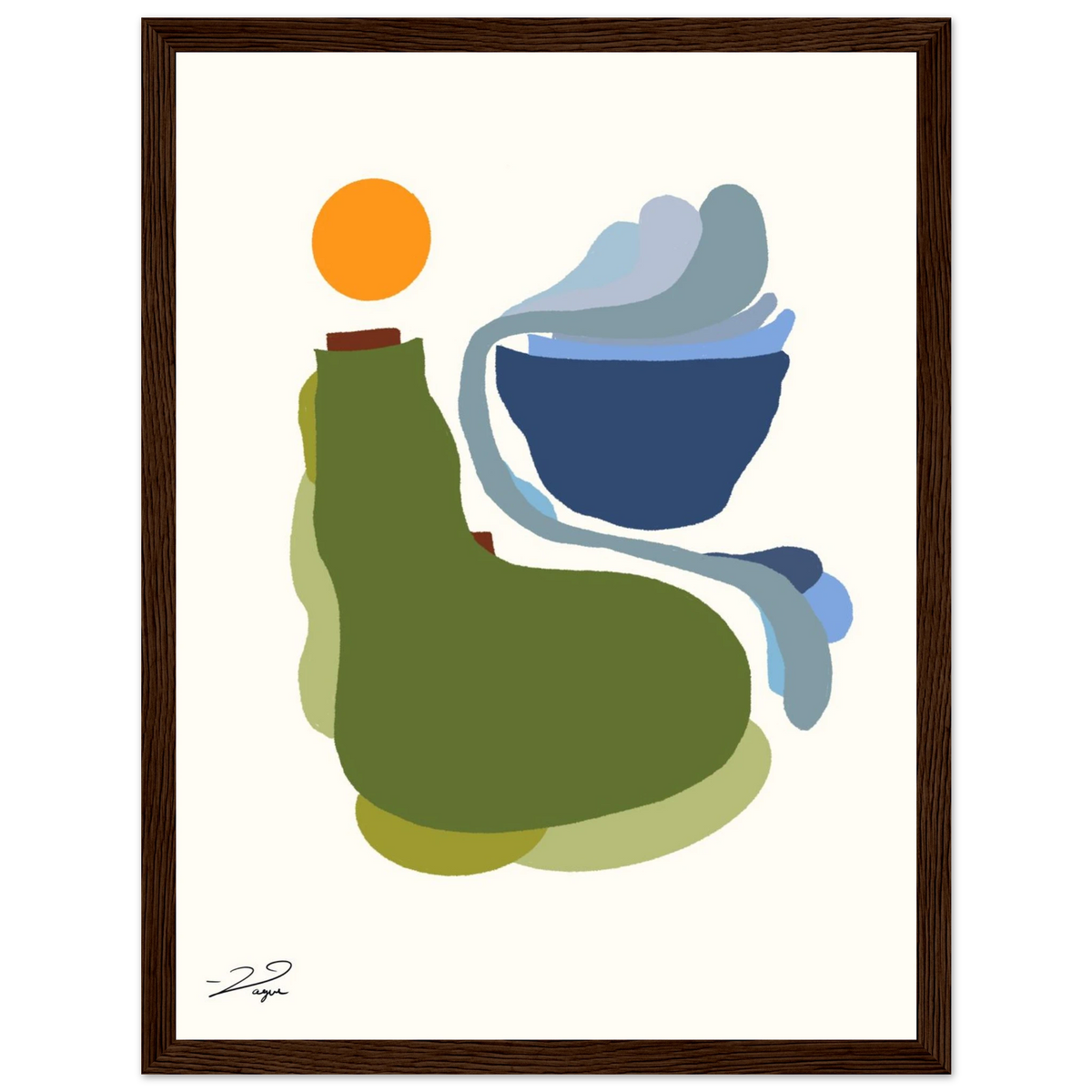 Abstract art print with orange, green and blue shapes in a dark wood frame.