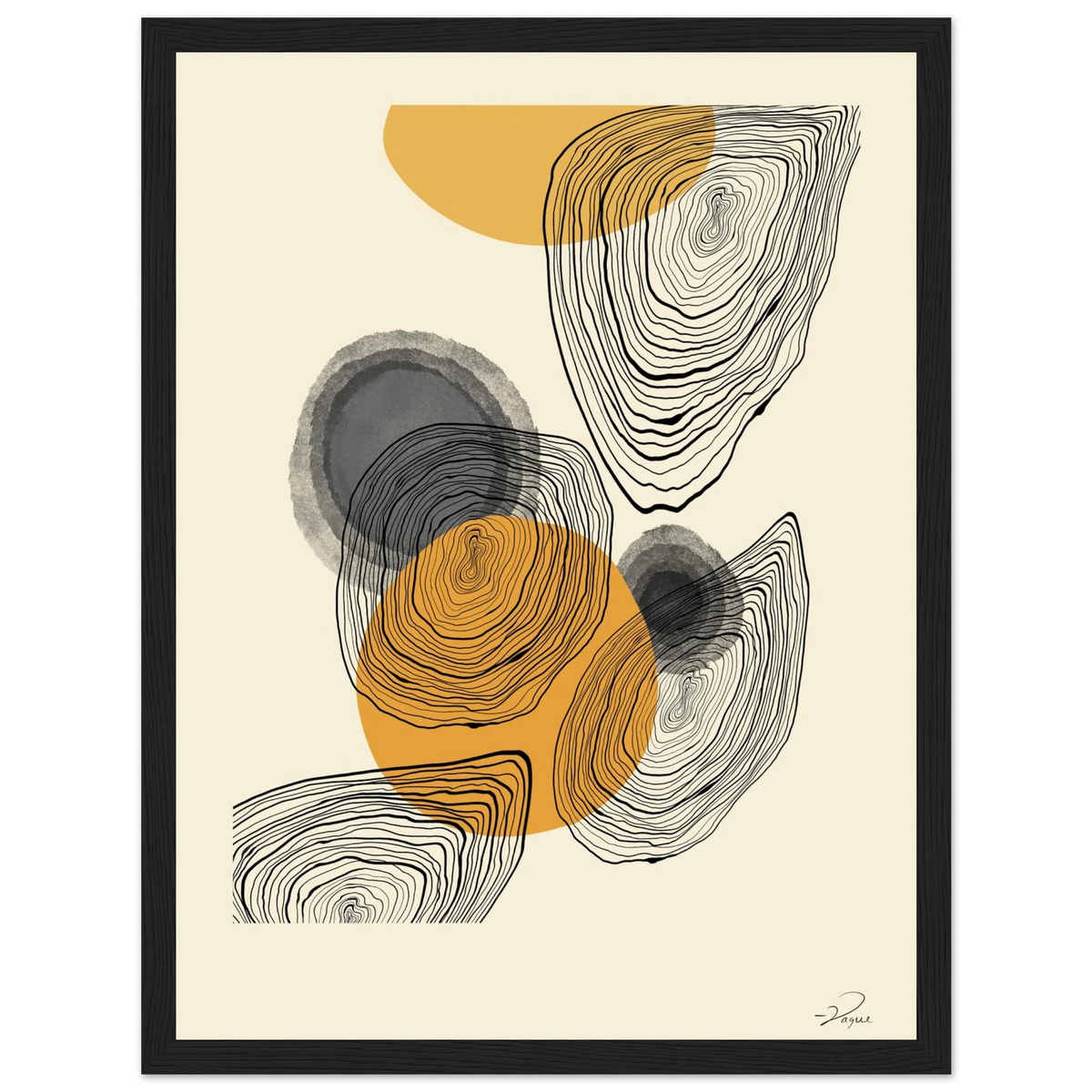 Fingerprint abstract print with orange and gray circles and black contour lines, in a black frame