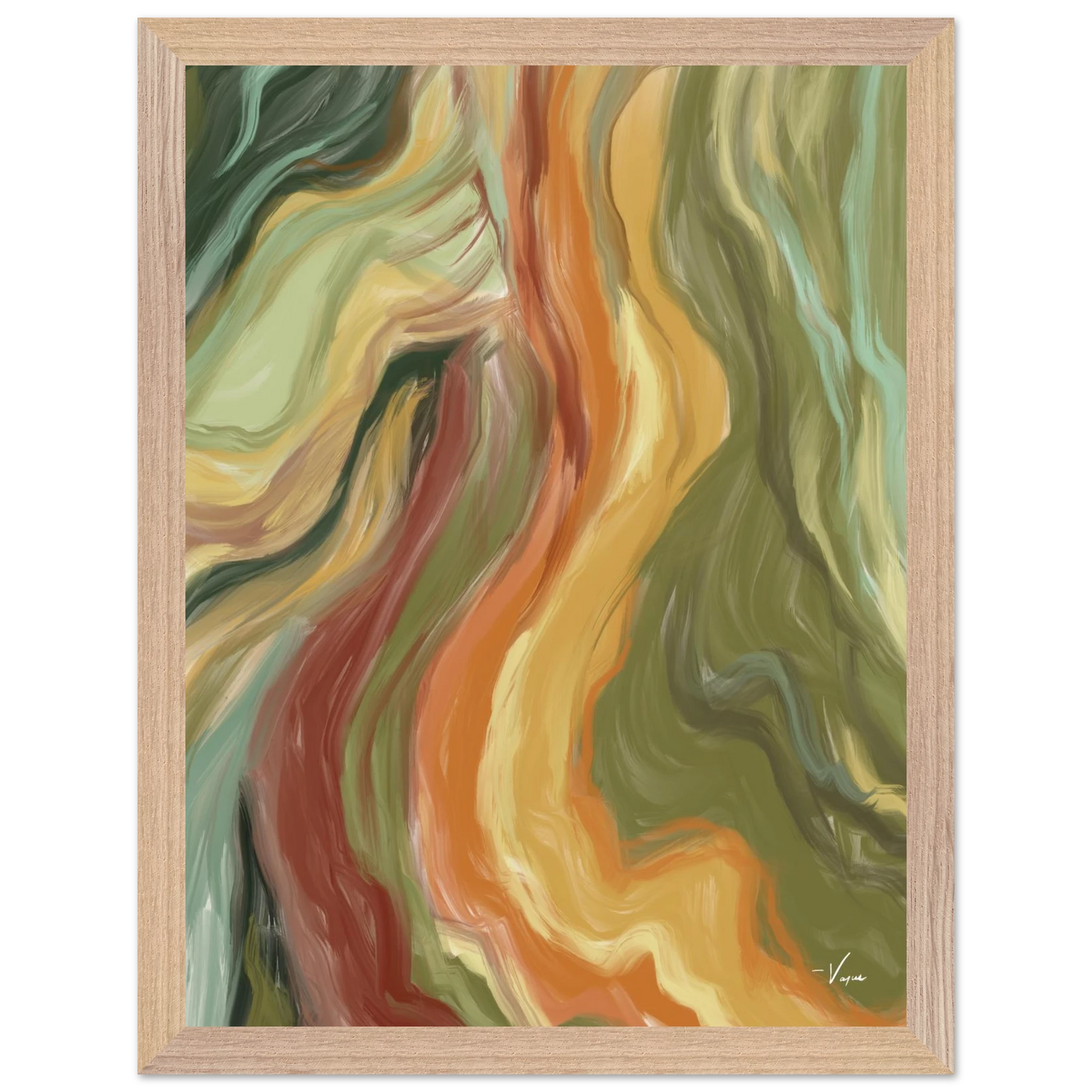 Natural wood framed abstract wall art with flowing multicolor curves in green and orange