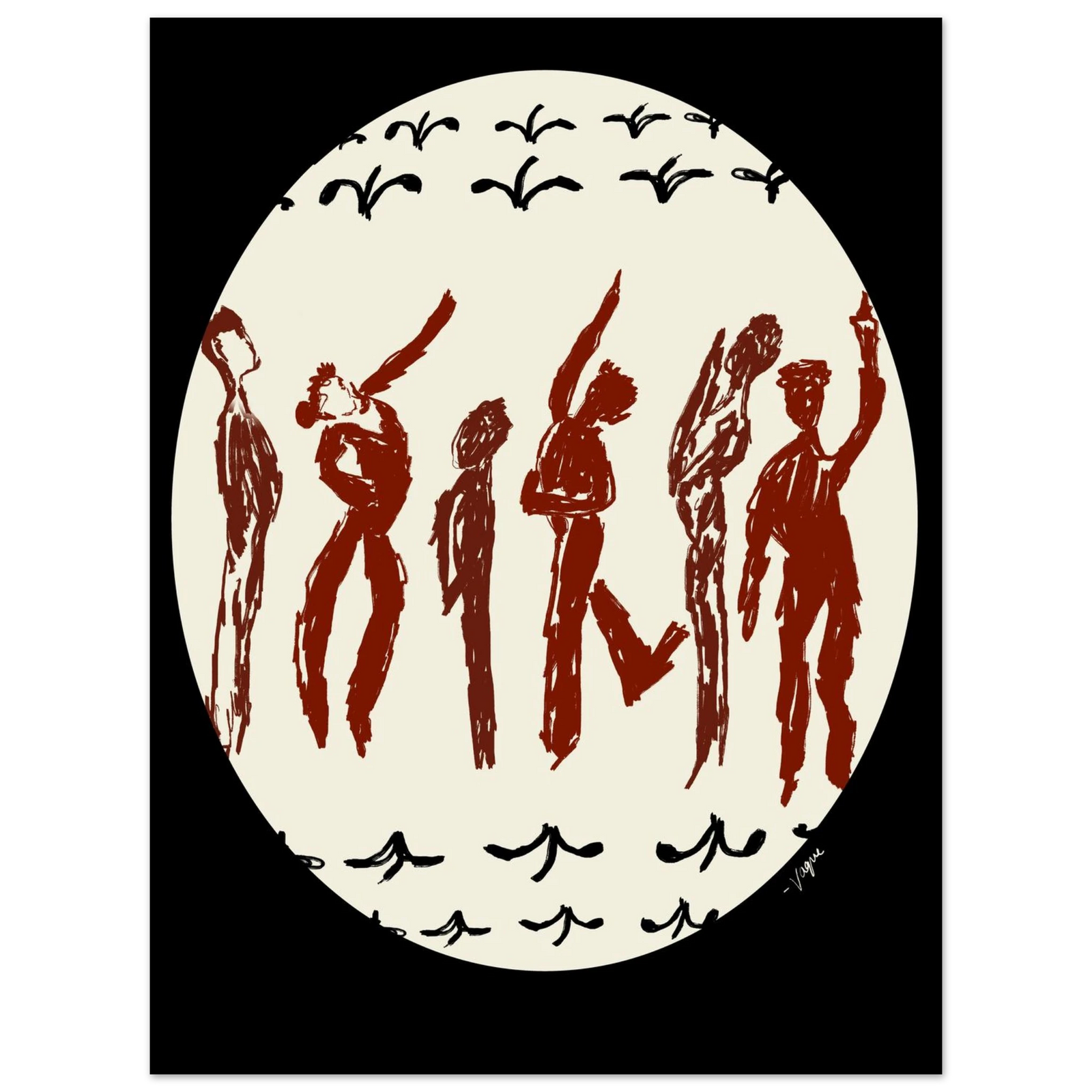 Framed wall art print with black frame, cream circle, and red dancer silhouettes