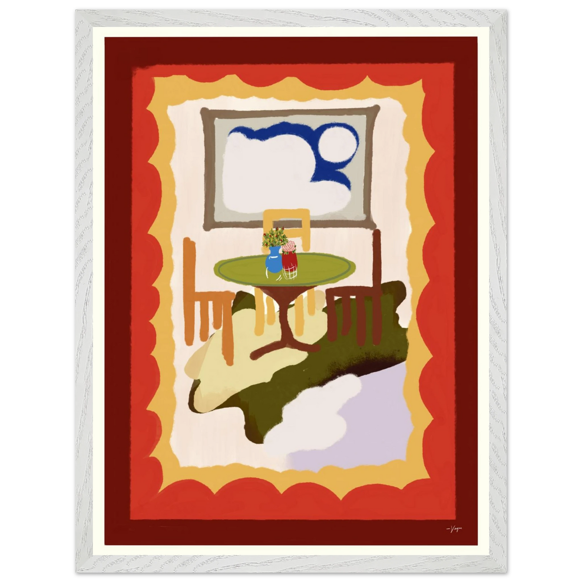 Framed wall art with white frame, red backdrop, green round table and chair