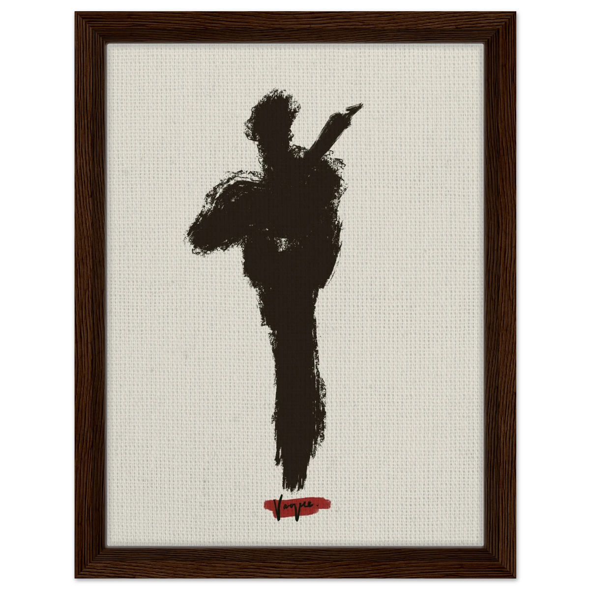 Violin-themed framed wall art with dark wood frame, black silhouette figure, and red signature.
