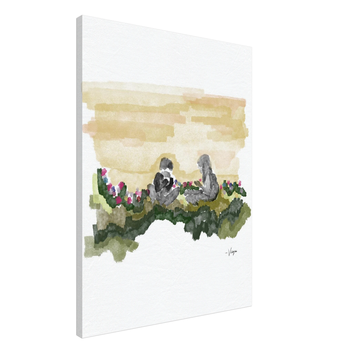Unframed vertical watercolor wall art of two people in a flower garden landscape