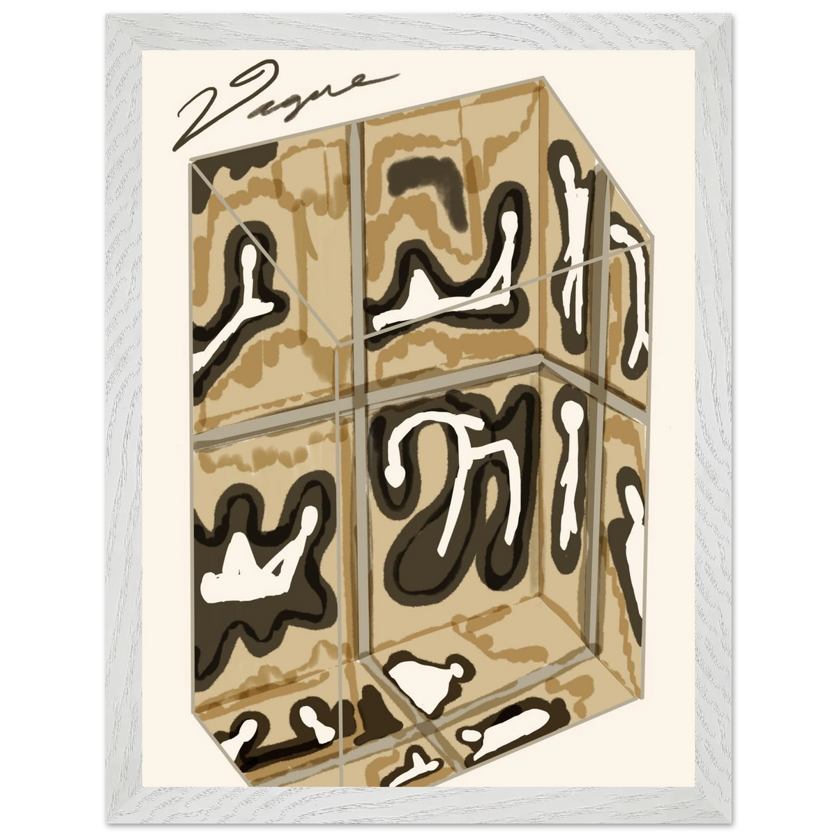Box artwork with beige and black graphic design in a white frame with texture