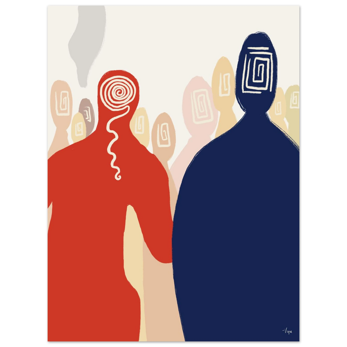 Framed wall art print with two stylized figures, red left and navy right, black frame.