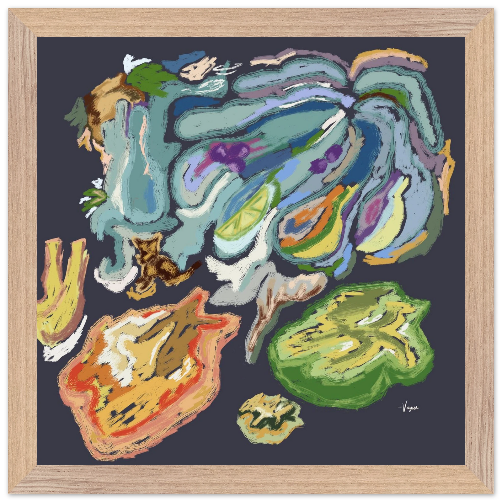 Wood-framed abstract art print with colorful hand-painted shapes on dark background