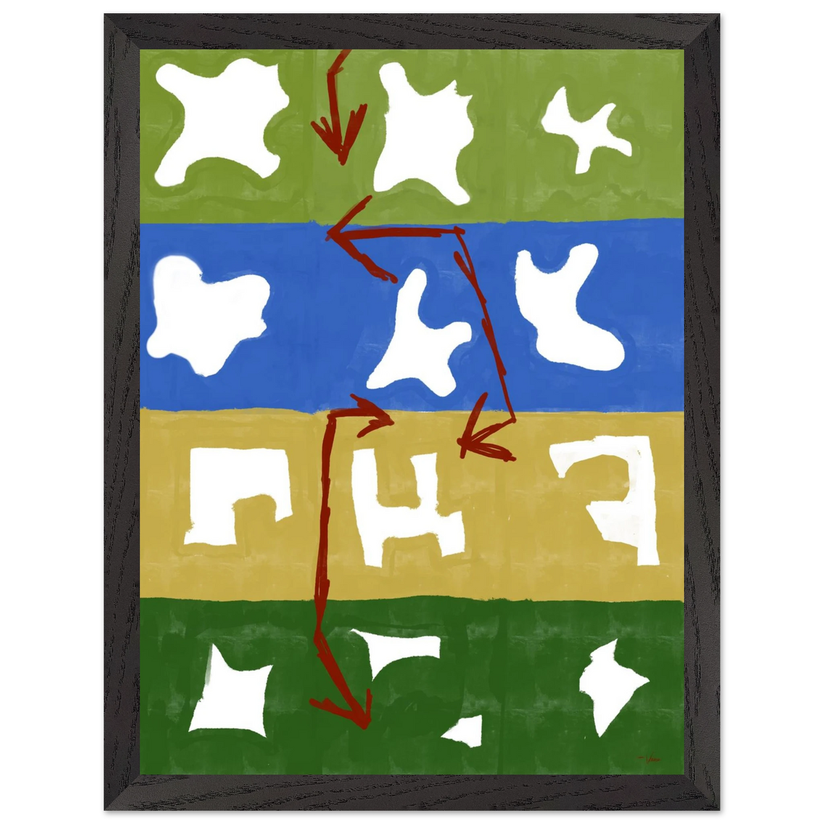 Framed abstract wall art with dark frame; green, blue, yellow blocks; white shapes; red arrows