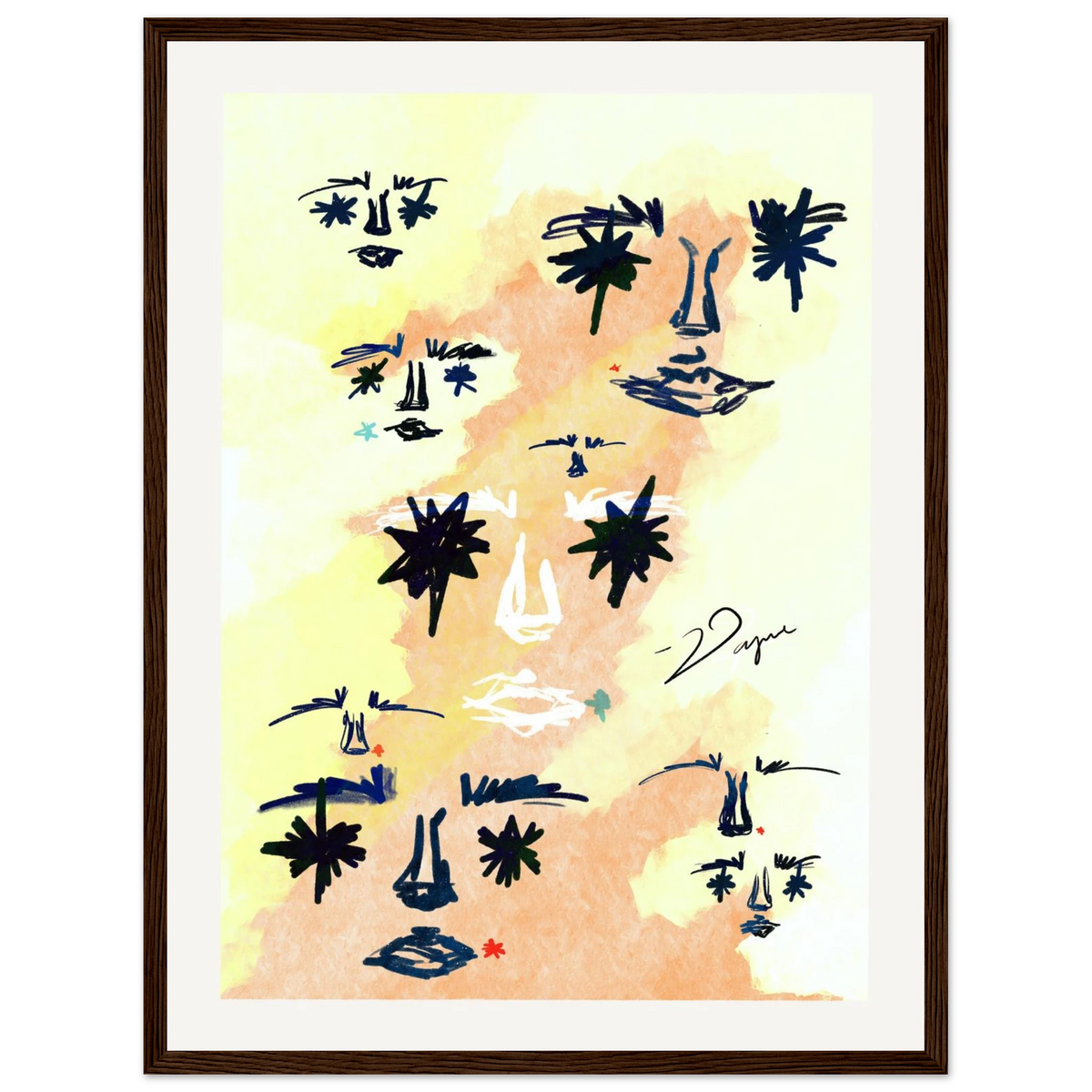 Abstract face art print in a dark wood frame with a white mat.