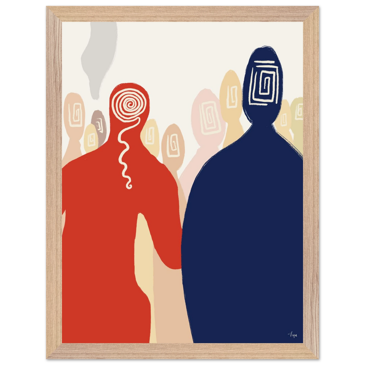 Framed wall art print with two stylized figures, red left and navy right, wood frame.