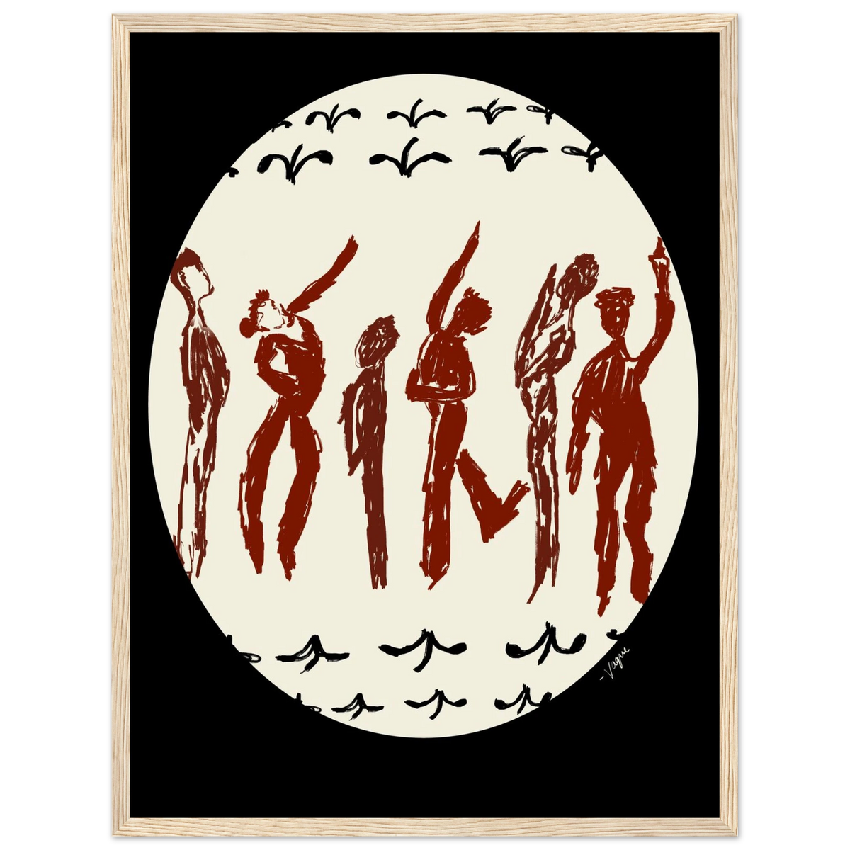 Dancing figures art print in a cream oval, shown in a natural wood frame