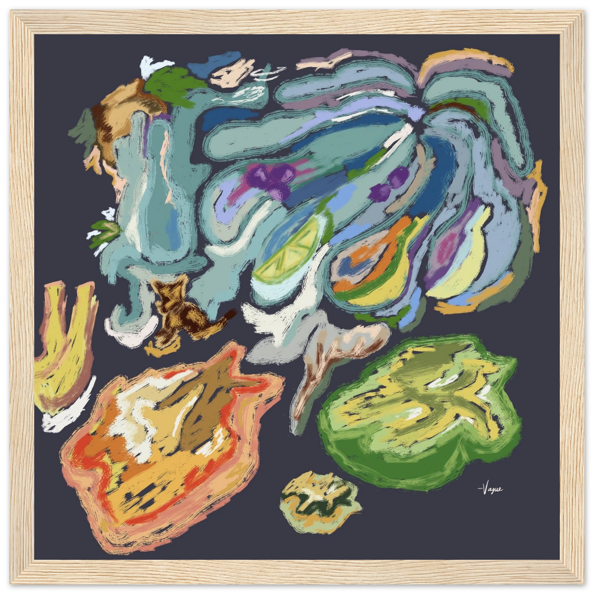 Abstract wall art with colorful paint strokes in a light wood frame