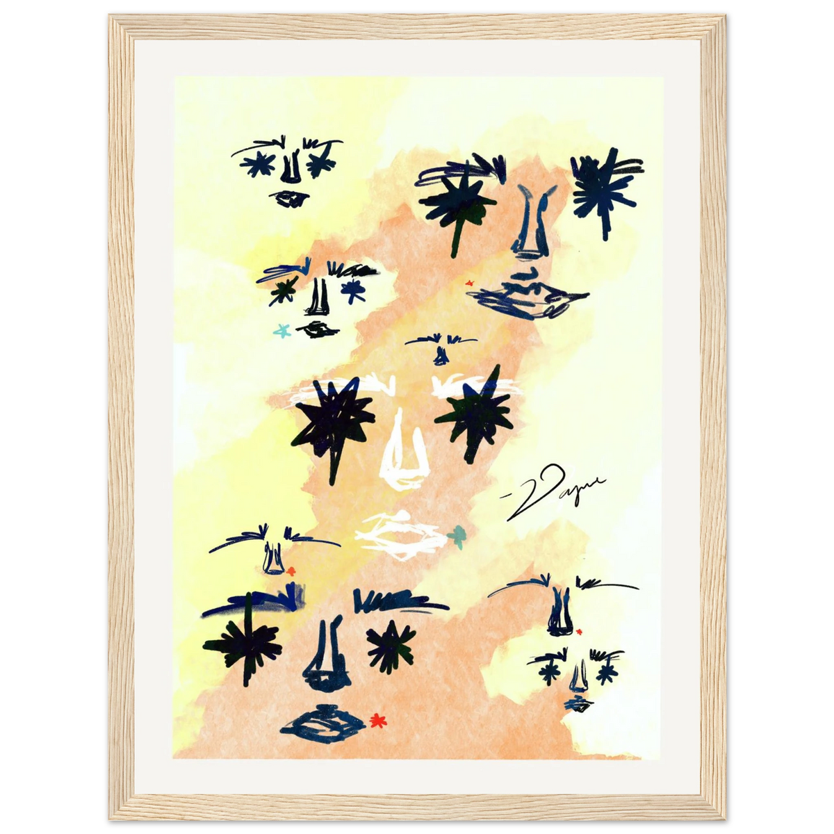 Abstract face print in a light wood frame with a white mat.