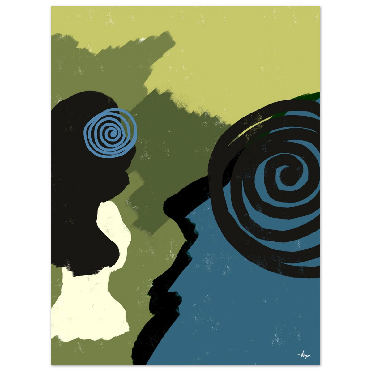 Framed wall art print with abstract two-face silhouette and spiral eyes; lime and blue.