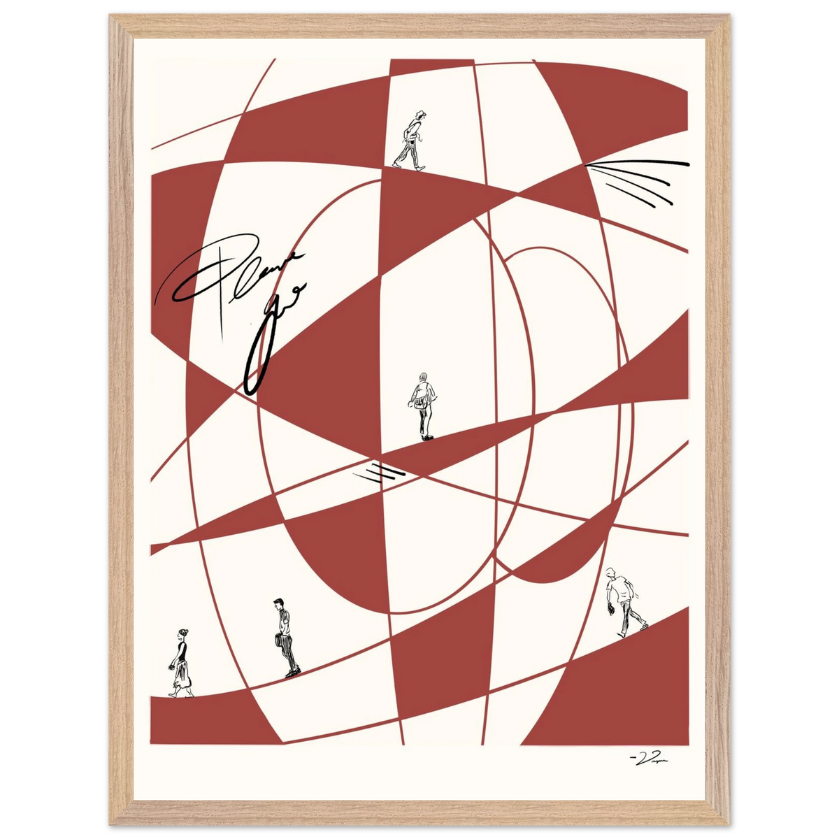 Framed abstract wall art with red geometric pattern and small figures; light wood frame