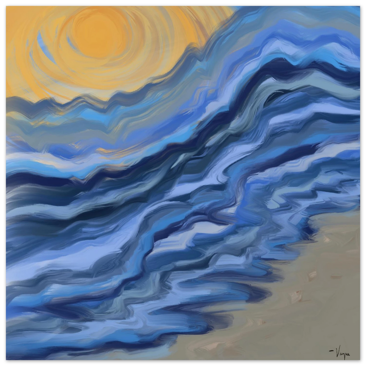 Matte paper poster with blue wave artwork and yellow sun, no visible frame